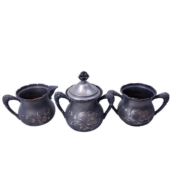 Antique Silverplate Etched Spooner Sugar Creamer 4pc Set Engraved Vintage Decor - Picture 1 of 16
